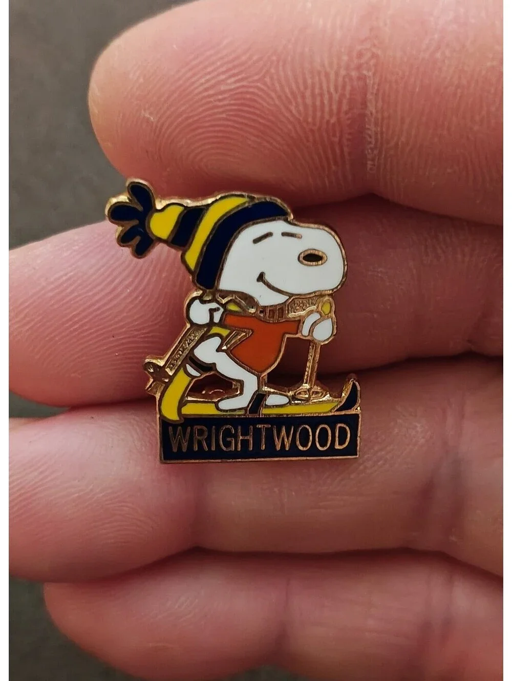 1970s Peanuts Snoopy Skiing Wrightwood  Cloisonné Gold Tone Enamel Pin